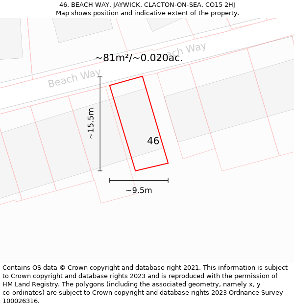 46, BEACH WAY, JAYWICK, CLACTON-ON-SEA, CO15 2HJ: Plot and title map