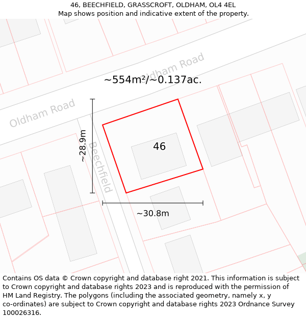 46, BEECHFIELD, GRASSCROFT, OLDHAM, OL4 4EL: Plot and title map