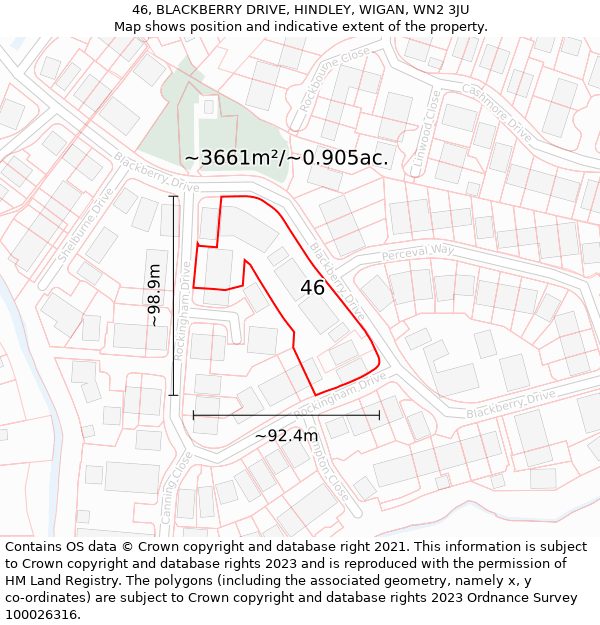 46, BLACKBERRY DRIVE, HINDLEY, WIGAN, WN2 3JU: Plot and title map