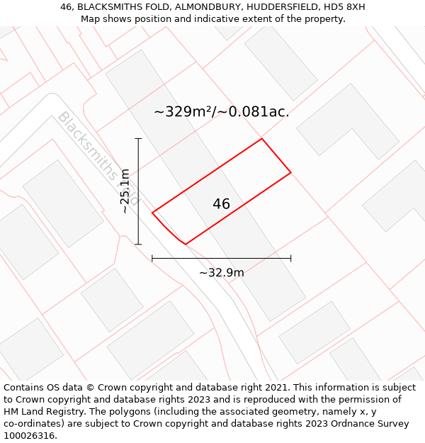 46, BLACKSMITHS FOLD, ALMONDBURY, HUDDERSFIELD, HD5 8XH: Plot and title map