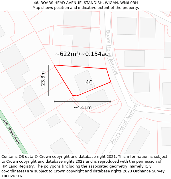 46, BOARS HEAD AVENUE, STANDISH, WIGAN, WN6 0BH: Plot and title map