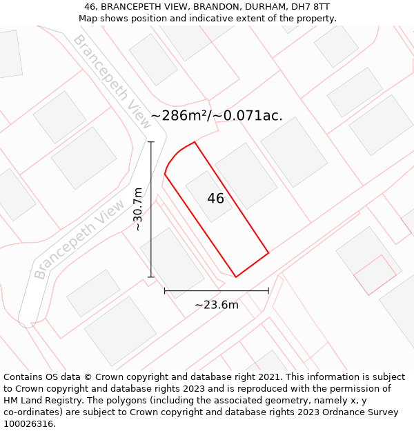 46, BRANCEPETH VIEW, BRANDON, DURHAM, DH7 8TT: Plot and title map