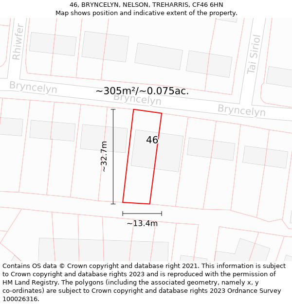 46, BRYNCELYN, NELSON, TREHARRIS, CF46 6HN: Plot and title map