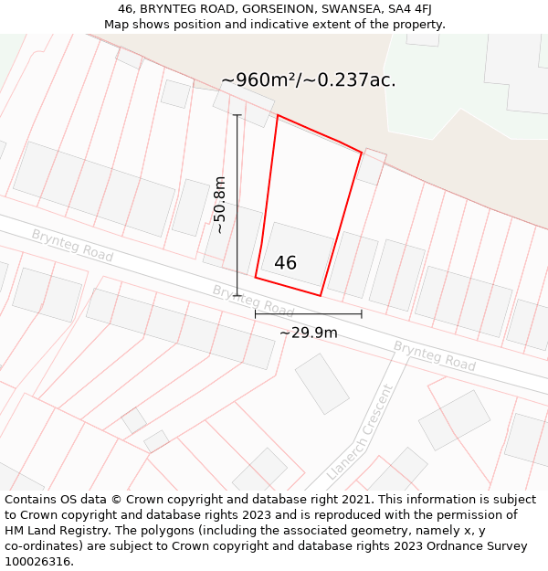 46, BRYNTEG ROAD, GORSEINON, SWANSEA, SA4 4FJ: Plot and title map