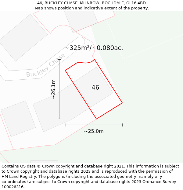 46, BUCKLEY CHASE, MILNROW, ROCHDALE, OL16 4BD: Plot and title map