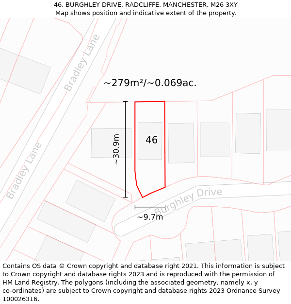 46, BURGHLEY DRIVE, RADCLIFFE, MANCHESTER, M26 3XY: Plot and title map