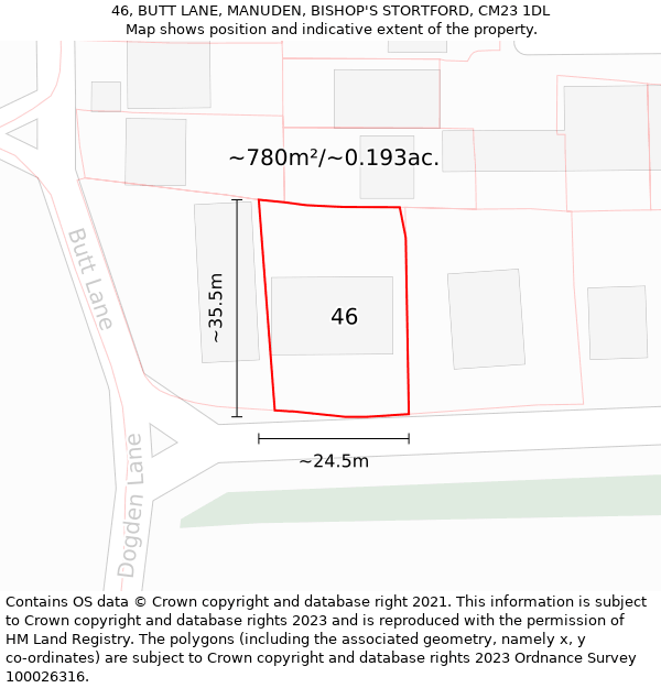 46, BUTT LANE, MANUDEN, BISHOP'S STORTFORD, CM23 1DL: Plot and title map