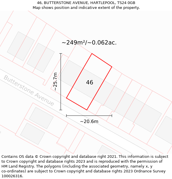 46, BUTTERSTONE AVENUE, HARTLEPOOL, TS24 0GB: Plot and title map