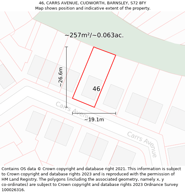 46, CARRS AVENUE, CUDWORTH, BARNSLEY, S72 8FY: Plot and title map