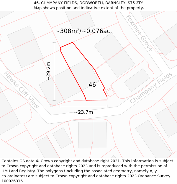 46, CHAMPANY FIELDS, DODWORTH, BARNSLEY, S75 3TY: Plot and title map