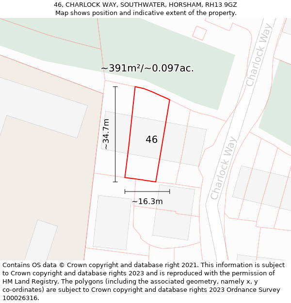 46, CHARLOCK WAY, SOUTHWATER, HORSHAM, RH13 9GZ: Plot and title map