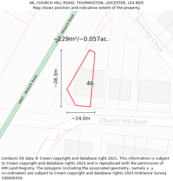 46, CHURCH HILL ROAD, THURMASTON, LEICESTER, LE4 8DD: Plot and title map