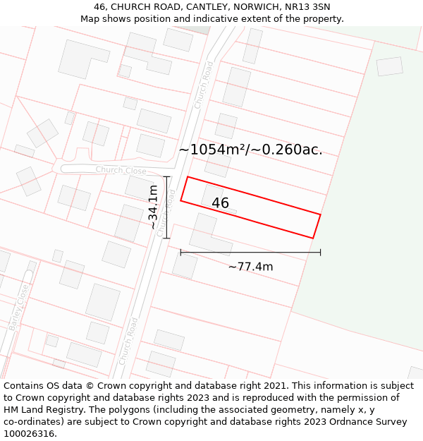 46, CHURCH ROAD, CANTLEY, NORWICH, NR13 3SN: Plot and title map