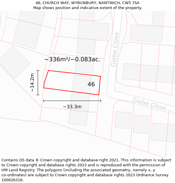 46, CHURCH WAY, WYBUNBURY, NANTWICH, CW5 7SA: Plot and title map