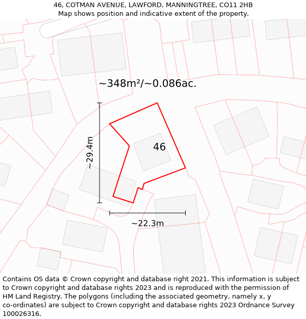 46, COTMAN AVENUE, LAWFORD, MANNINGTREE, CO11 2HB: Plot and title map