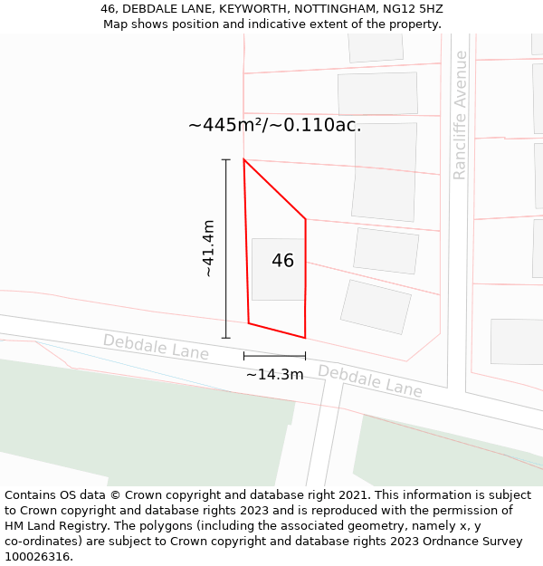 46, DEBDALE LANE, KEYWORTH, NOTTINGHAM, NG12 5HZ: Plot and title map