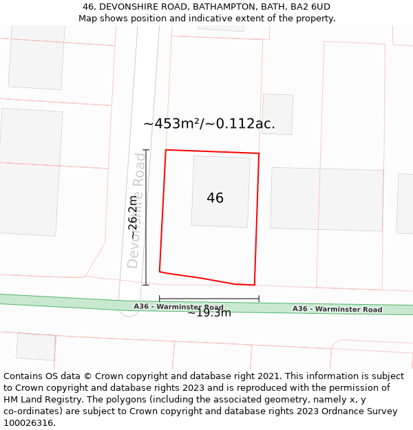 46, DEVONSHIRE ROAD, BATHAMPTON, BATH, BA2 6UD: Plot and title map