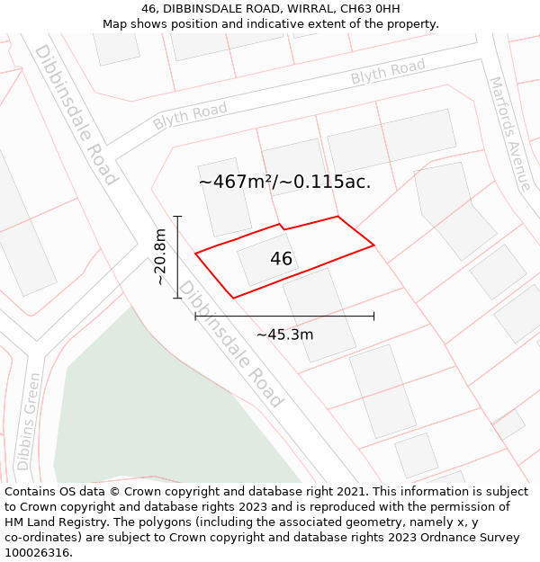 46, DIBBINSDALE ROAD, WIRRAL, CH63 0HH: Plot and title map