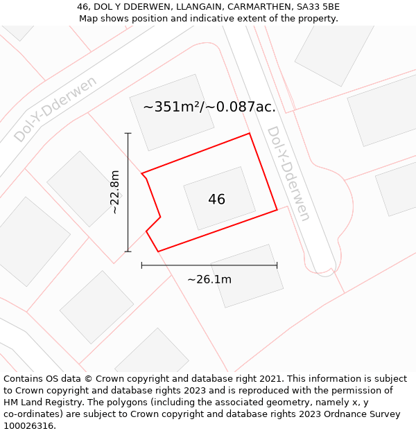 46, DOL Y DDERWEN, LLANGAIN, CARMARTHEN, SA33 5BE: Plot and title map