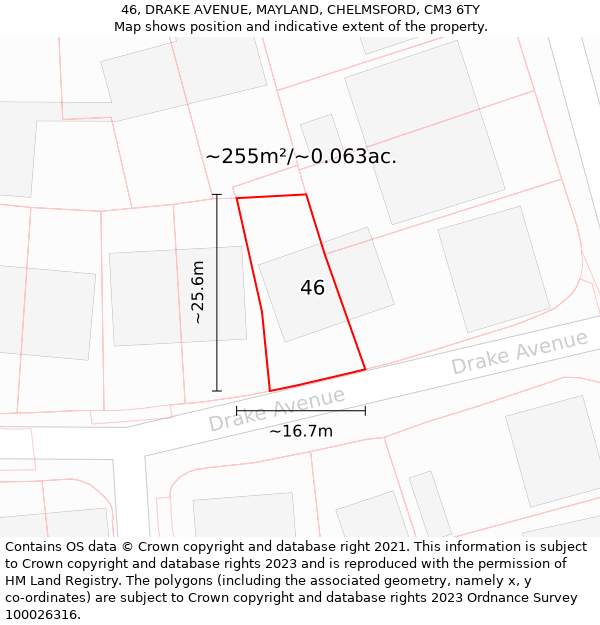 46, DRAKE AVENUE, MAYLAND, CHELMSFORD, CM3 6TY: Plot and title map