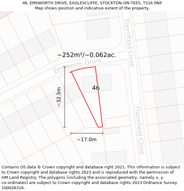 46, EMSWORTH DRIVE, EAGLESCLIFFE, STOCKTON-ON-TEES, TS16 0NP: Plot and title map