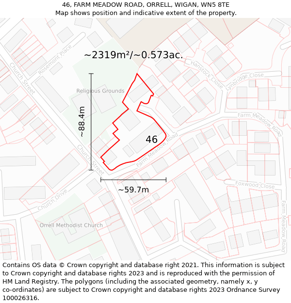 46, FARM MEADOW ROAD, ORRELL, WIGAN, WN5 8TE: Plot and title map