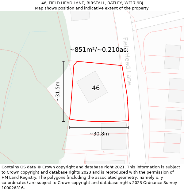 46, FIELD HEAD LANE, BIRSTALL, BATLEY, WF17 9BJ: Plot and title map