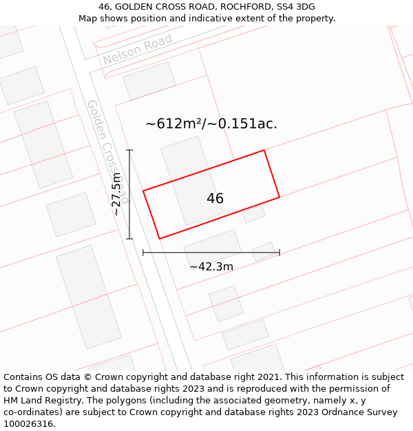 46, GOLDEN CROSS ROAD, ROCHFORD, SS4 3DG: Plot and title map