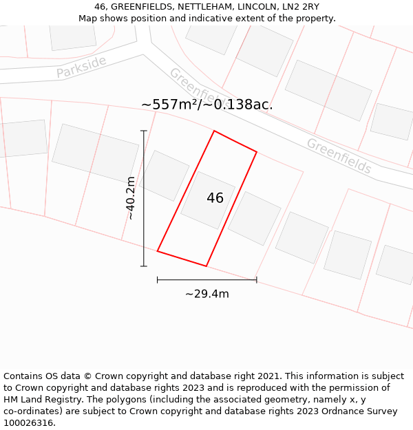 46, GREENFIELDS, NETTLEHAM, LINCOLN, LN2 2RY: Plot and title map