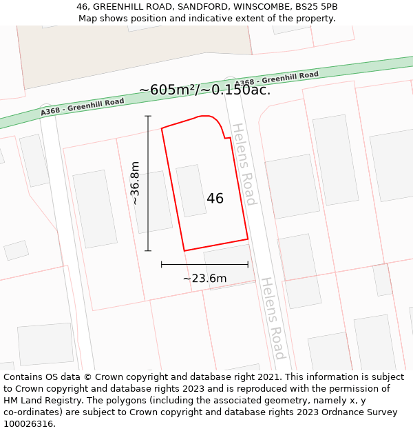 46, GREENHILL ROAD, SANDFORD, WINSCOMBE, BS25 5PB: Plot and title map