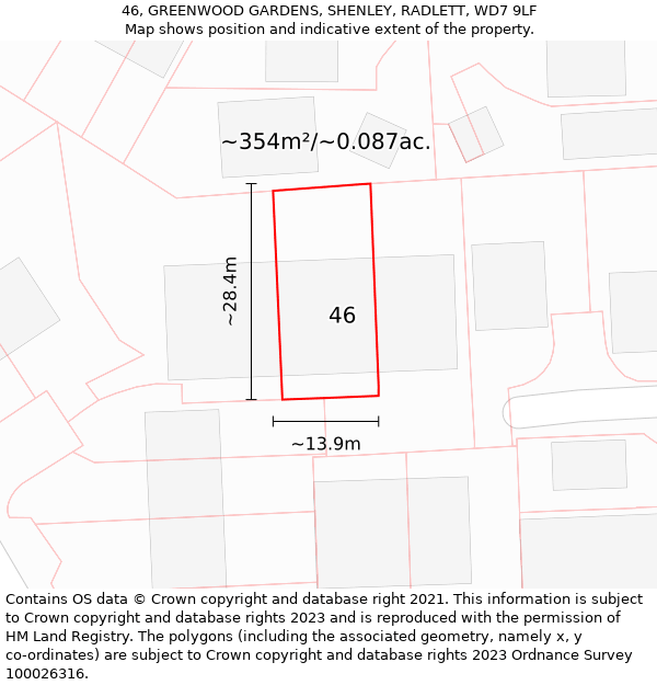 46, GREENWOOD GARDENS, SHENLEY, RADLETT, WD7 9LF: Plot and title map