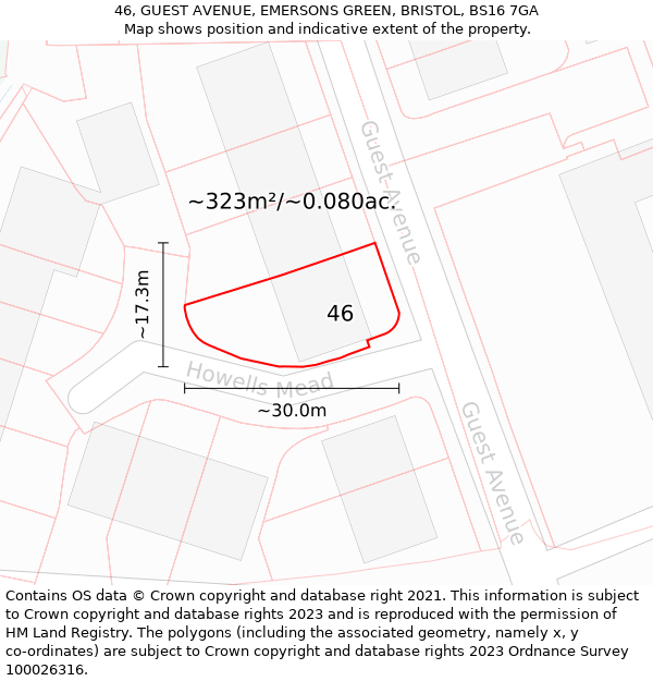 46, GUEST AVENUE, EMERSONS GREEN, BRISTOL, BS16 7GA: Plot and title map