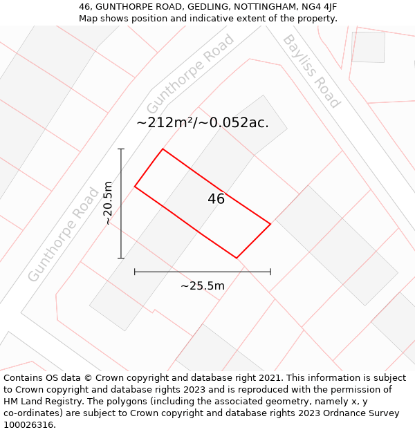 46, GUNTHORPE ROAD, GEDLING, NOTTINGHAM, NG4 4JF: Plot and title map