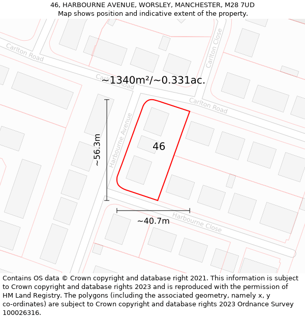 46, HARBOURNE AVENUE, WORSLEY, MANCHESTER, M28 7UD: Plot and title map