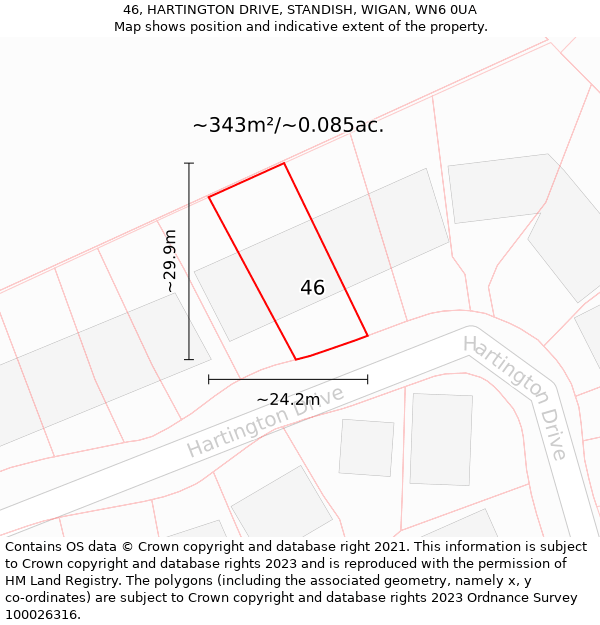 46, HARTINGTON DRIVE, STANDISH, WIGAN, WN6 0UA: Plot and title map