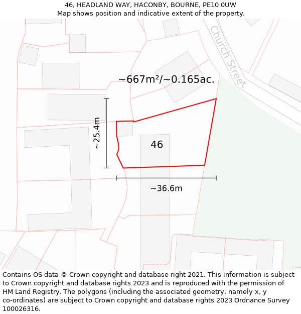 46, HEADLAND WAY, HACONBY, BOURNE, PE10 0UW: Plot and title map