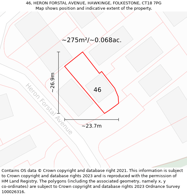 46, HERON FORSTAL AVENUE, HAWKINGE, FOLKESTONE, CT18 7PG: Plot and title map