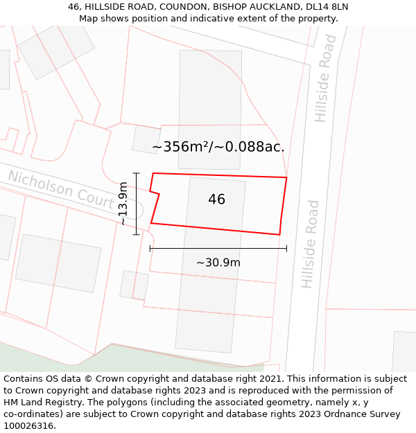 46, HILLSIDE ROAD, COUNDON, BISHOP AUCKLAND, DL14 8LN: Plot and title map