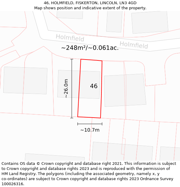 46, HOLMFIELD, FISKERTON, LINCOLN, LN3 4GD: Plot and title map