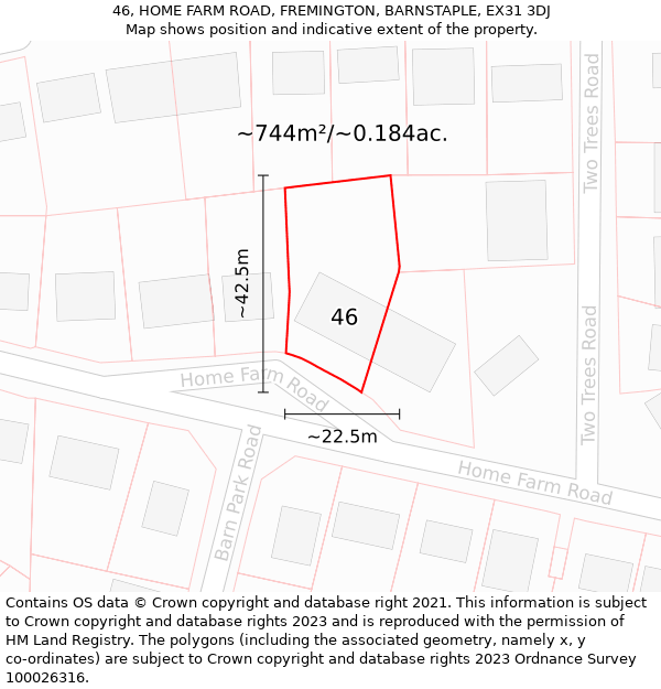 46, HOME FARM ROAD, FREMINGTON, BARNSTAPLE, EX31 3DJ: Plot and title map