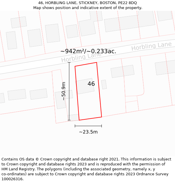 46, HORBLING LANE, STICKNEY, BOSTON, PE22 8DQ: Plot and title map