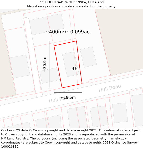 46, HULL ROAD, WITHERNSEA, HU19 2EG: Plot and title map