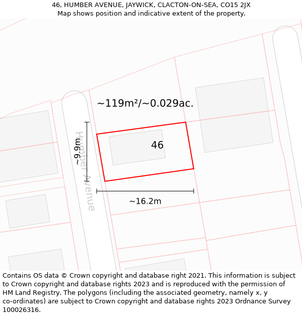 46, HUMBER AVENUE, JAYWICK, CLACTON-ON-SEA, CO15 2JX: Plot and title map