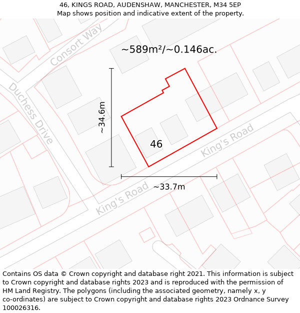 46, KINGS ROAD, AUDENSHAW, MANCHESTER, M34 5EP: Plot and title map