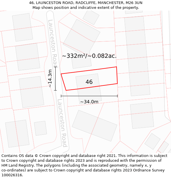 46, LAUNCESTON ROAD, RADCLIFFE, MANCHESTER, M26 3UN: Plot and title map