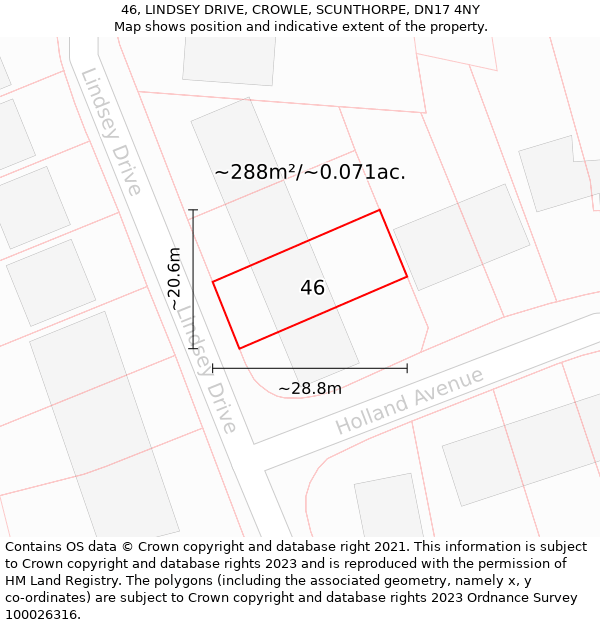 46, LINDSEY DRIVE, CROWLE, SCUNTHORPE, DN17 4NY: Plot and title map