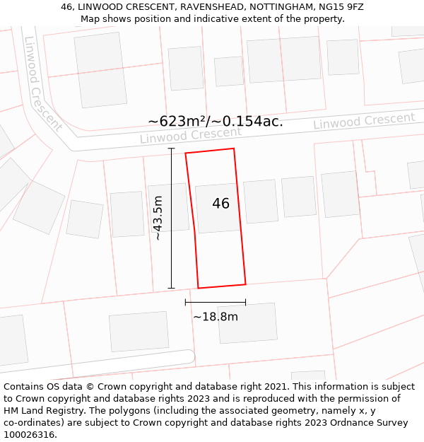 46, LINWOOD CRESCENT, RAVENSHEAD, NOTTINGHAM, NG15 9FZ: Plot and title map