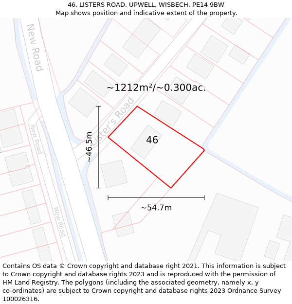 46, LISTERS ROAD, UPWELL, WISBECH, PE14 9BW: Plot and title map