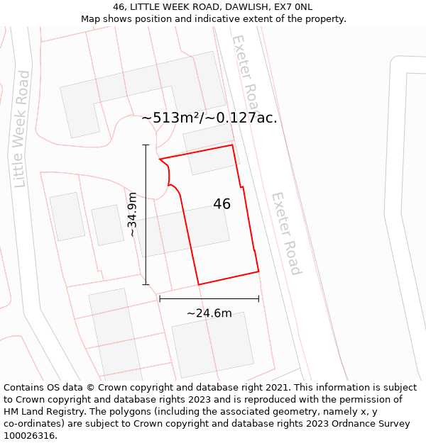 46, LITTLE WEEK ROAD, DAWLISH, EX7 0NL: Plot and title map