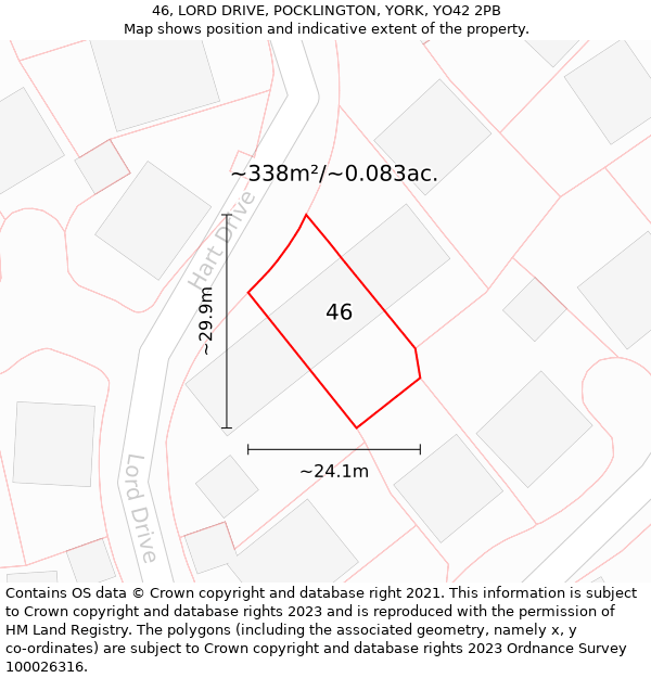 46, LORD DRIVE, POCKLINGTON, YORK, YO42 2PB: Plot and title map